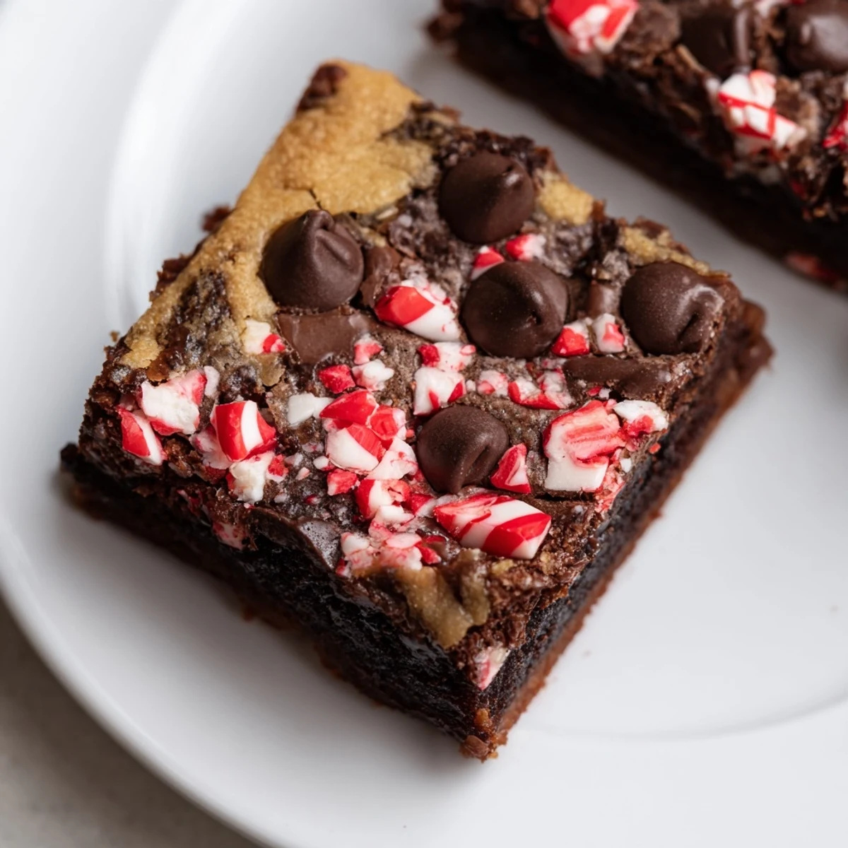 Freshly baked Peppermint Chocolate Chip Brookies cut into squares, revealing rich cocoa layers and festive peppermint crunch on top.