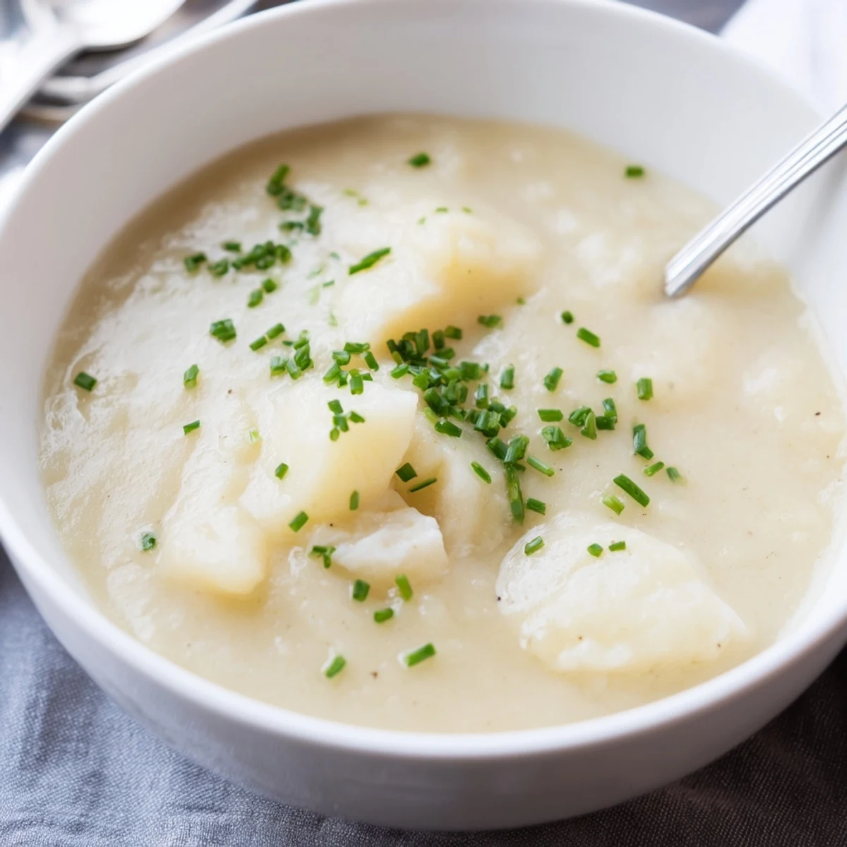 Creamy Potato and Smoked Haddock Soup served steaming hot in a rustic bowl, garnished with fresh chives and a swirl of cream.