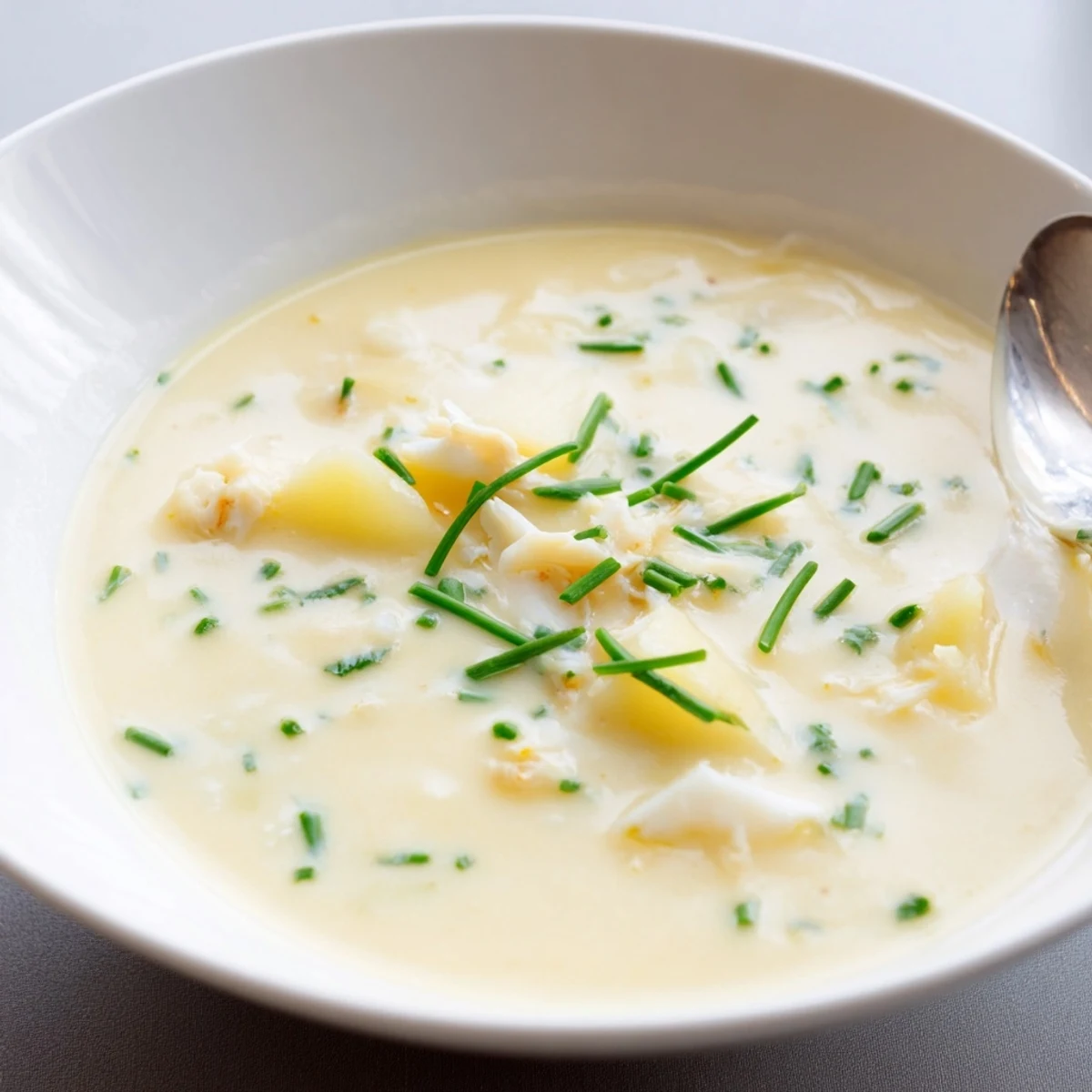 A comforting bowl of Creamy Potato and Smoked Haddock Soup, paired with crusty bread and a sprinkle of fresh chives.