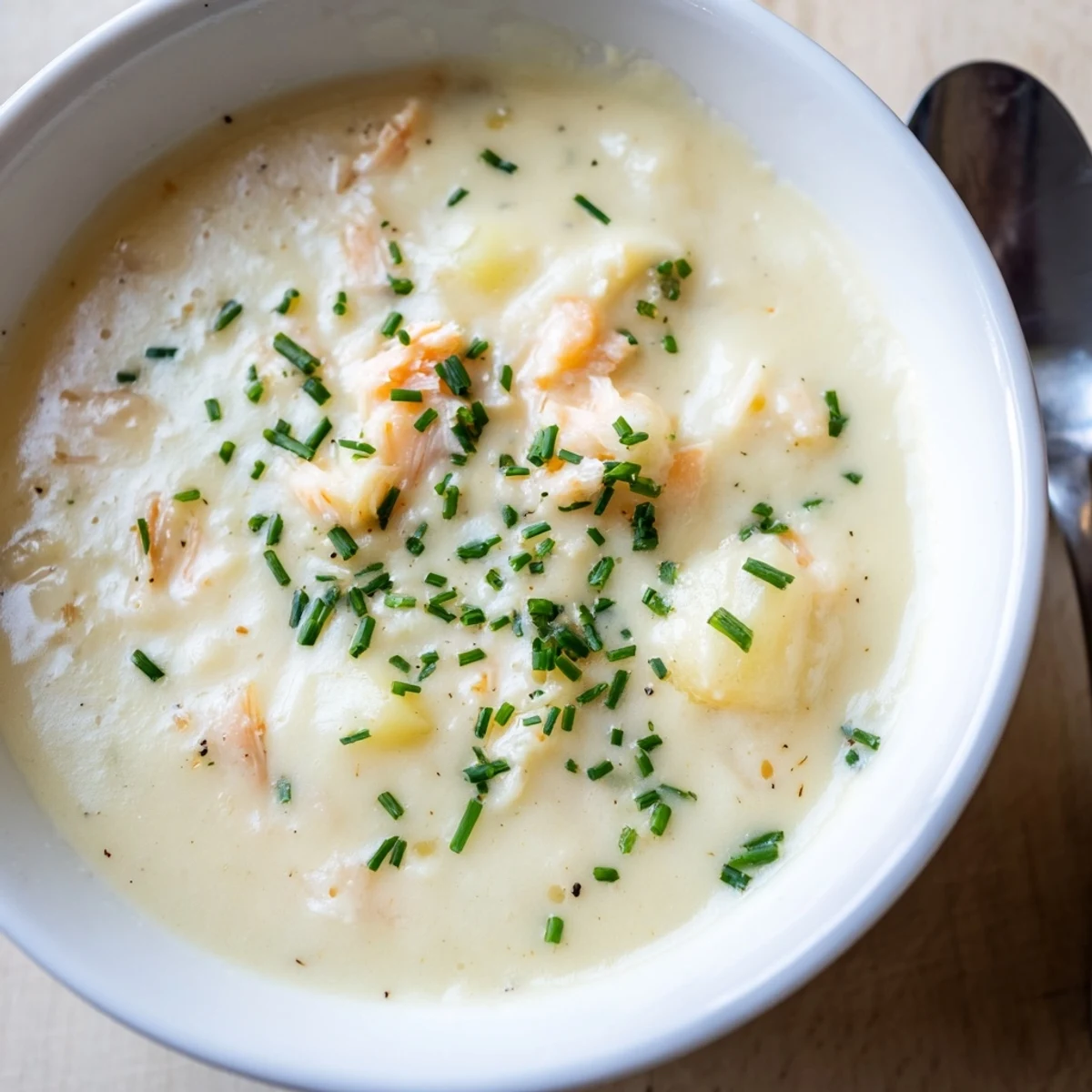 A close-up of Creamy Potato and Smoked Haddock Soup, highlighting tender potato chunks and flaky smoked haddock in a velvety broth.