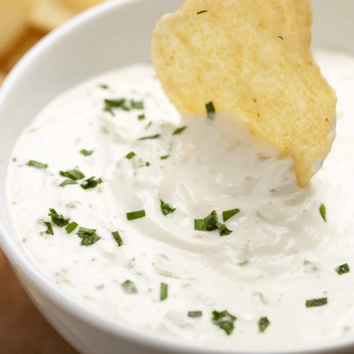 A close-up of creamy dip with chips in a rustic bowl, topped with fresh chives and parsley for an appetizer.
