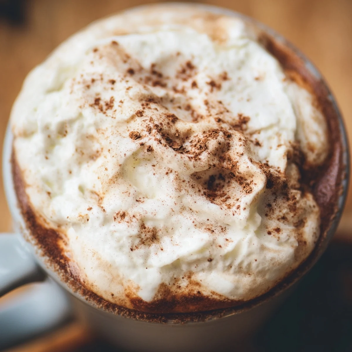 Cozy Spiced Latte with Milk in a clear mug, topped with fluffy whipped cream and a dusting of cinnamon.