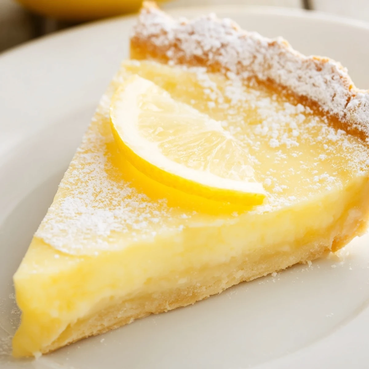 Golden-brown Lemon Tart with Pastry sits on a marble board, showing a silky, pale yellow custard filling.