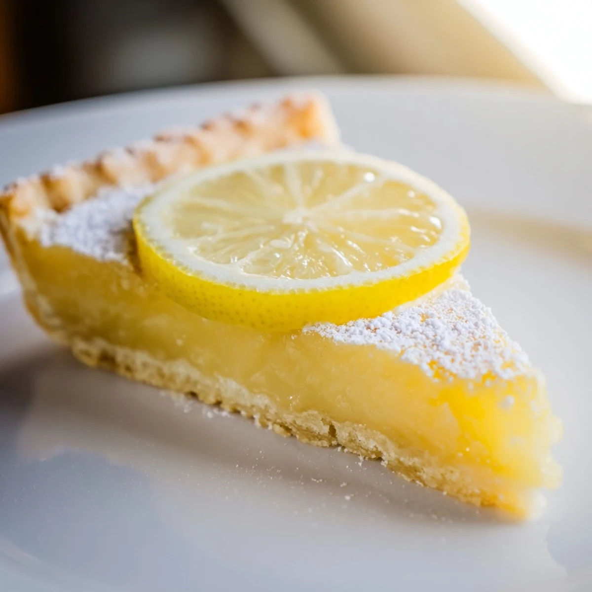 A slice of zesty Lemon Tart with Pastry is lifted from the tart pan, revealing the crisp crust.