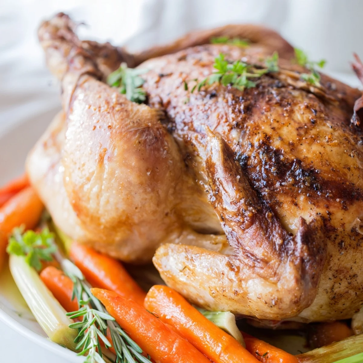 Golden Roasted Chicken with Herbs emerges from the oven with crispy, browned skin and rosemary sprigs tucked beneath the wings.