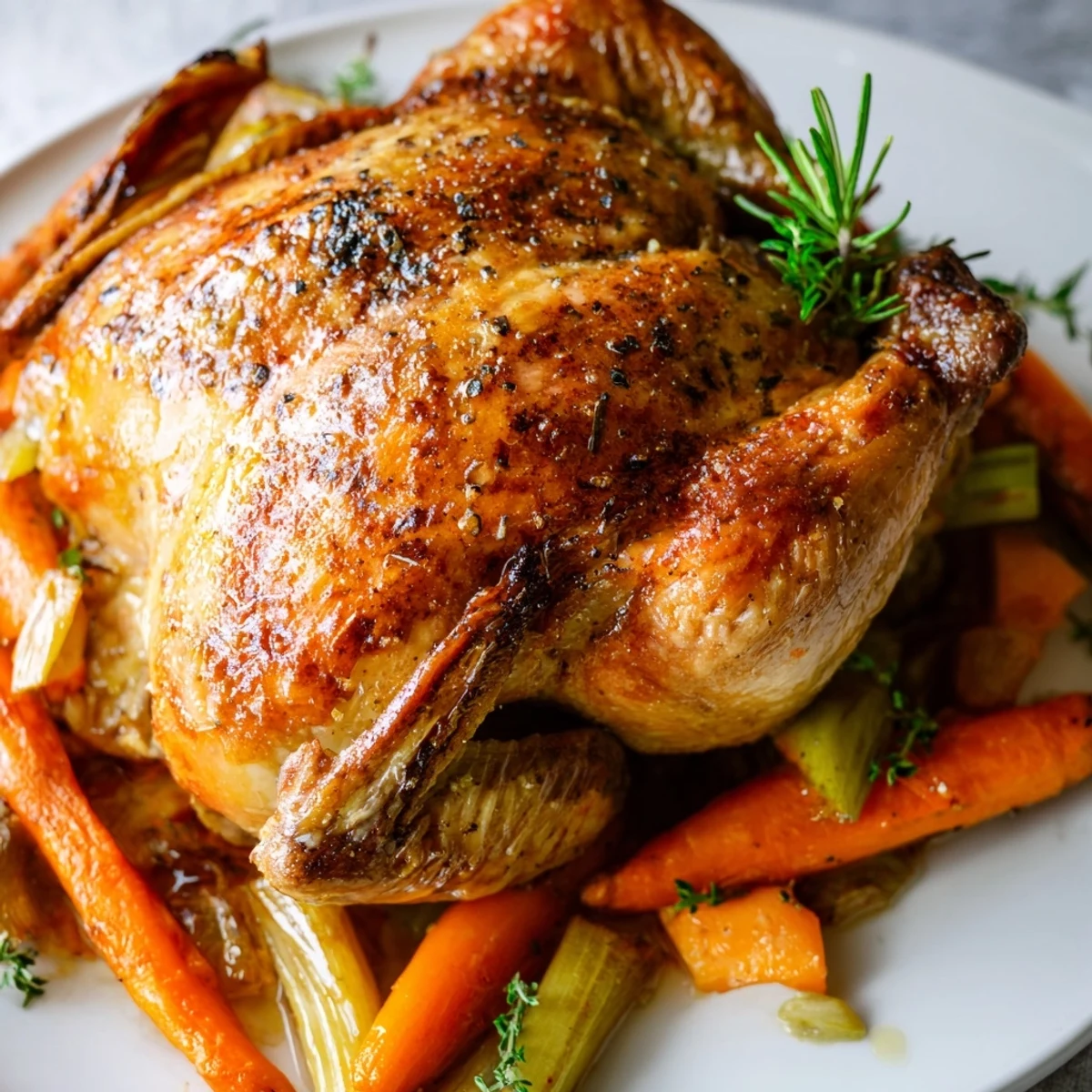 Freshly carved Roasted Chicken with Herbs reveals tender, juicy meat, served alongside roasted carrots and onions drizzled with pan juices.