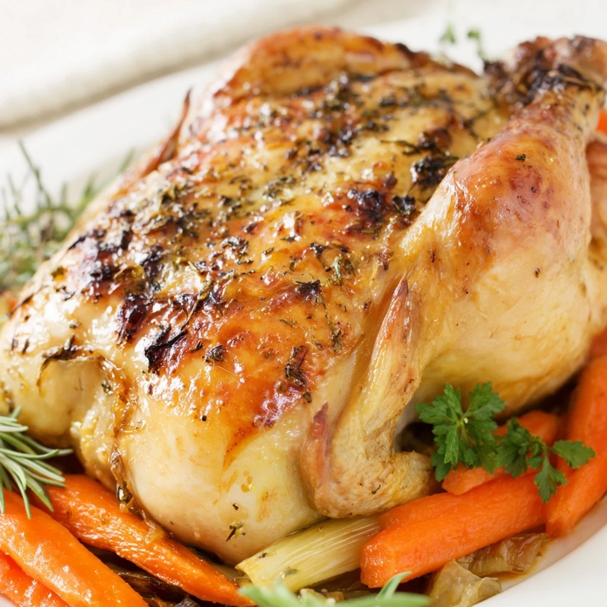 Succulent Roasted Chicken with Herbs features lemon and garlic inside the cavity, resting on a rustic cutting board with steam rising.