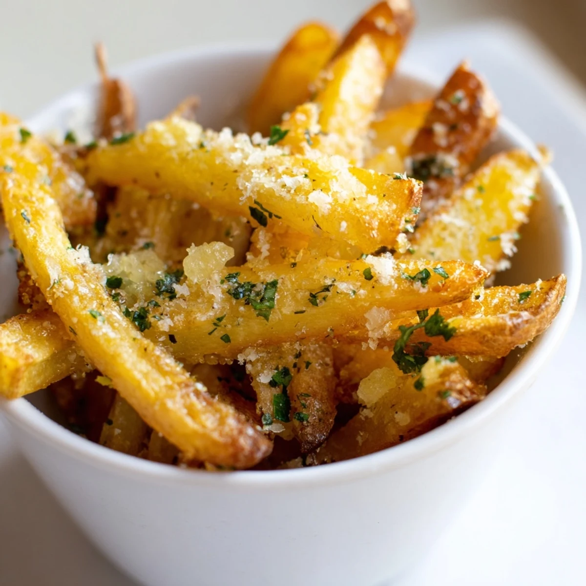 Crispy golden garlic fries tossed with fresh parsley and butter, served in a rustic white bowl.