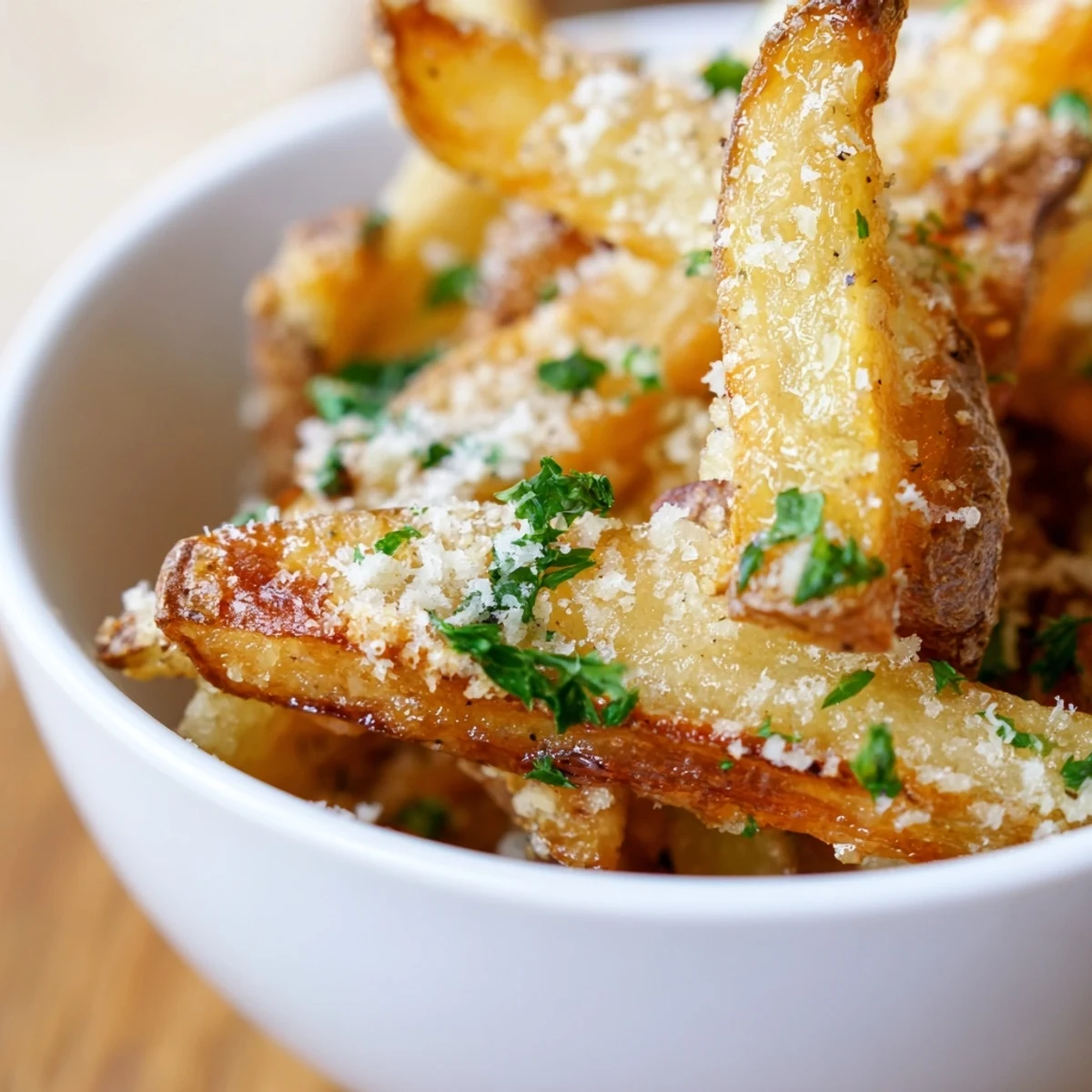 Homemade garlic fries with parsley garnish, ready to serve as a delicious side dish.