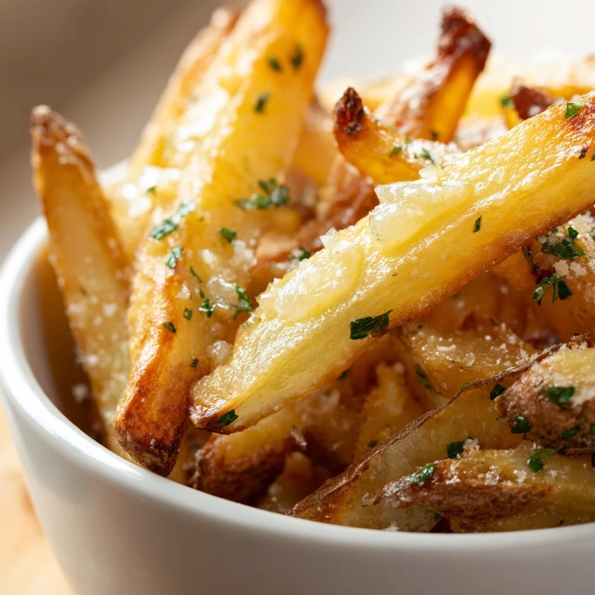 A close-up of crunchy russet potato fries coated in minced garlic and chopped parsley.