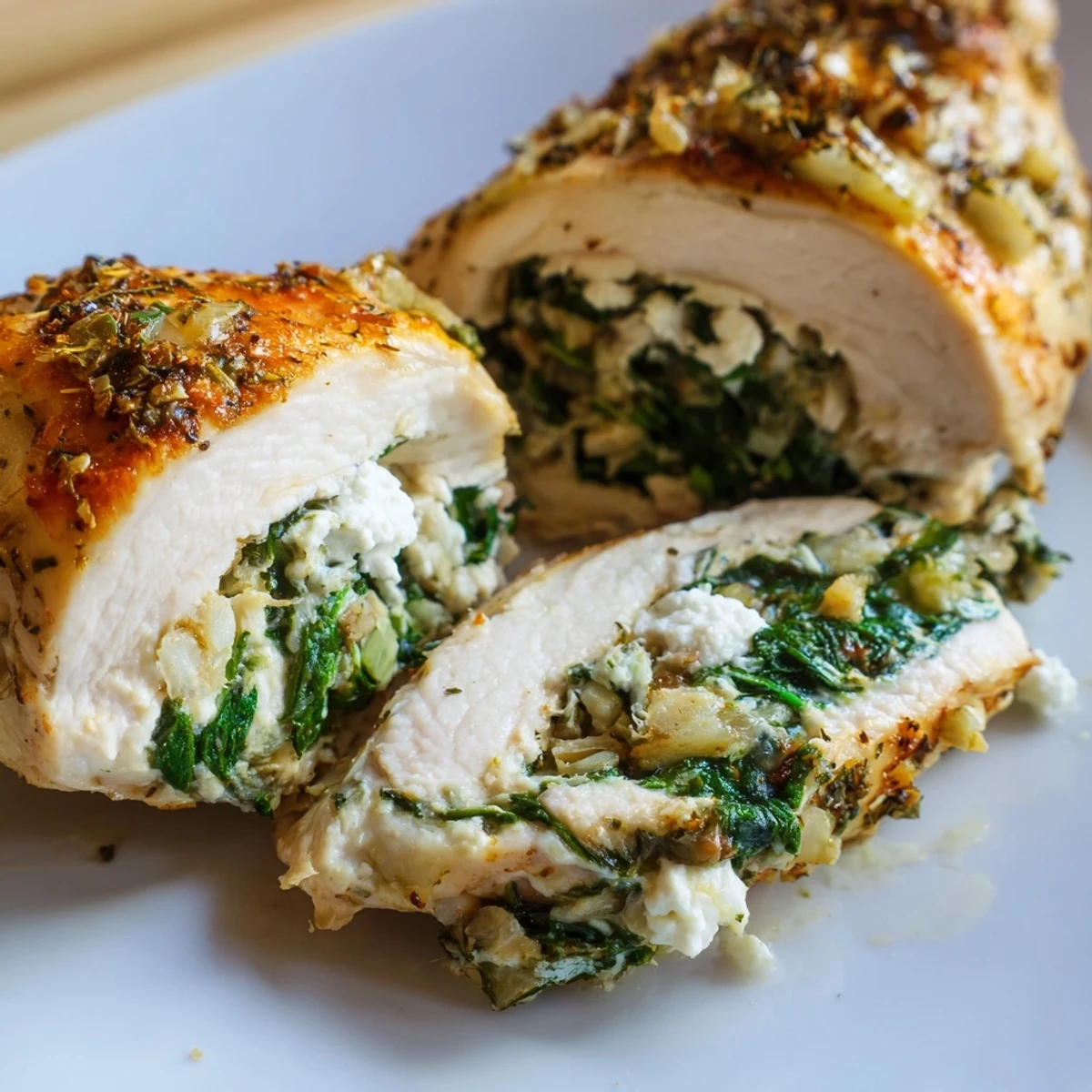 Golden-brown Spinach and Feta Stuffed Chicken Breast fresh from the oven on a plate.