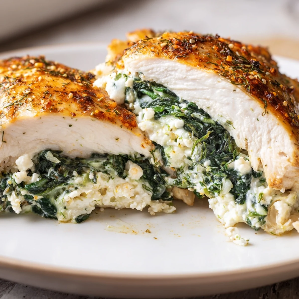 Plated Spinach and Feta Stuffed Chicken Breast served with roasted vegetables and fresh herbs.