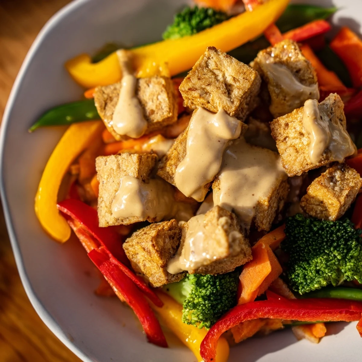 A close-up of homemade Crispy Tofu Stir Fry with Peanut Sauce, garnished with fresh cilantro and chopped peanuts.