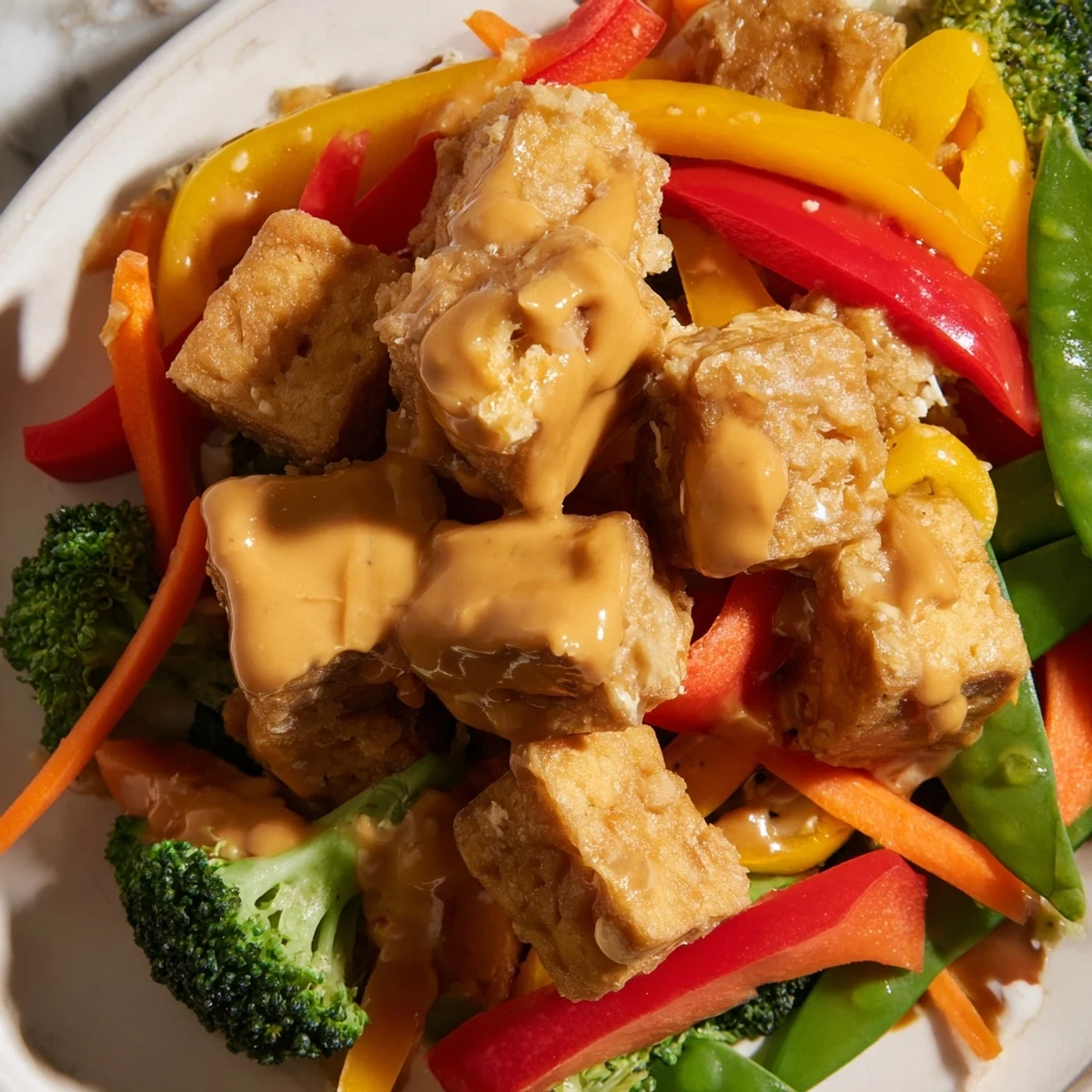 Golden, crispy tofu cubes and colorful vegetables tossed in a rich peanut sauce, served over steamed rice.