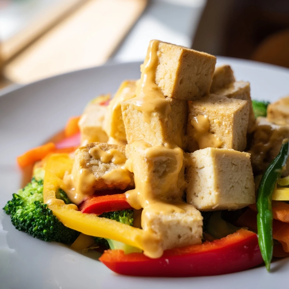 Vibrant mixed vegetables and crunchy tofu coated in creamy peanut sauce, perfect for a plant-based weeknight dinner.
