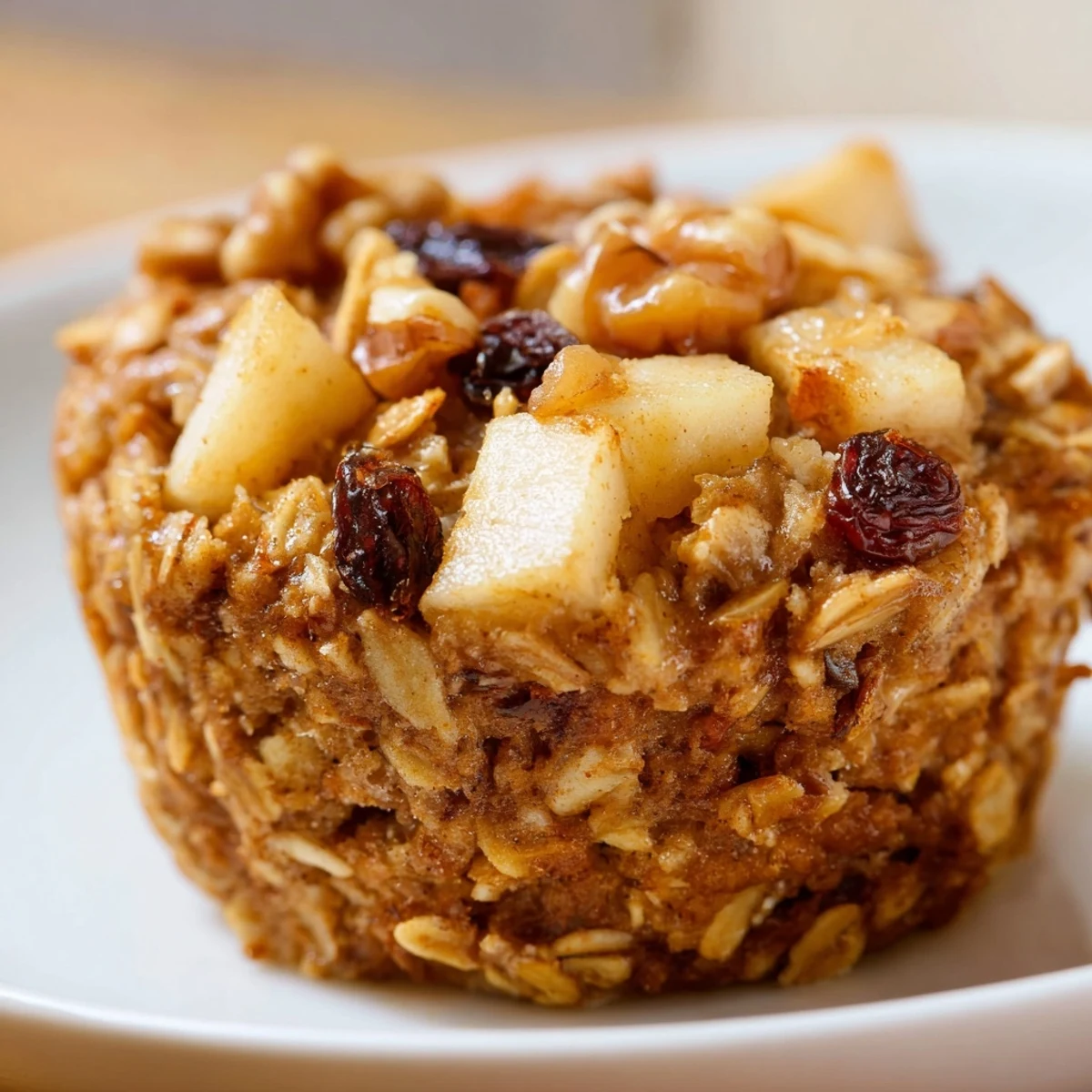 Twelve golden-brown Apple Cinnamon Baked Oatmeal Cups sit in a muffin tin, showcasing tender apple pieces and a dusting of cinnamon.