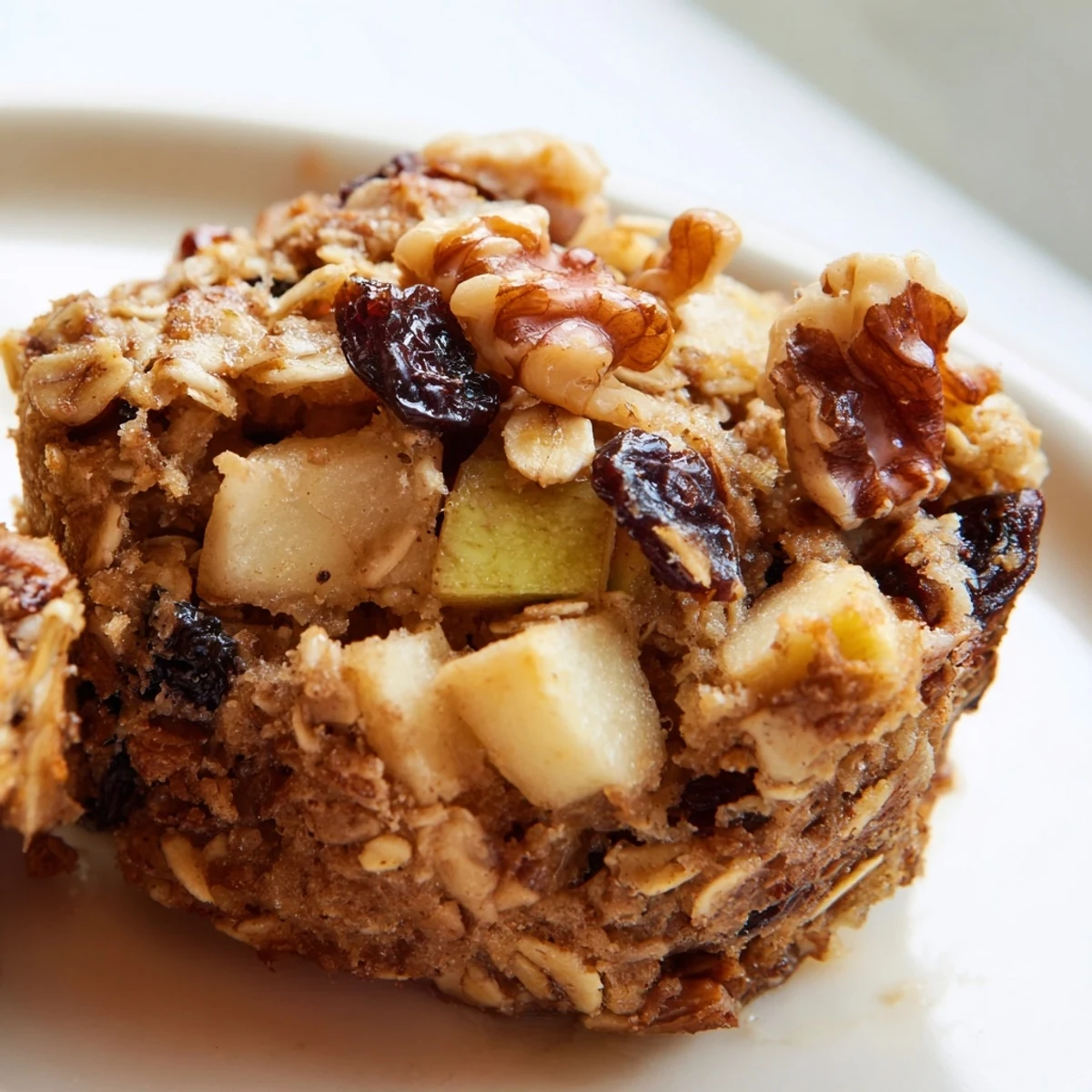 A close-up side view highlights the moist, hearty texture inside the Apple Cinnamon Baked Oatmeal Cups, perfect for a healthy breakfast.