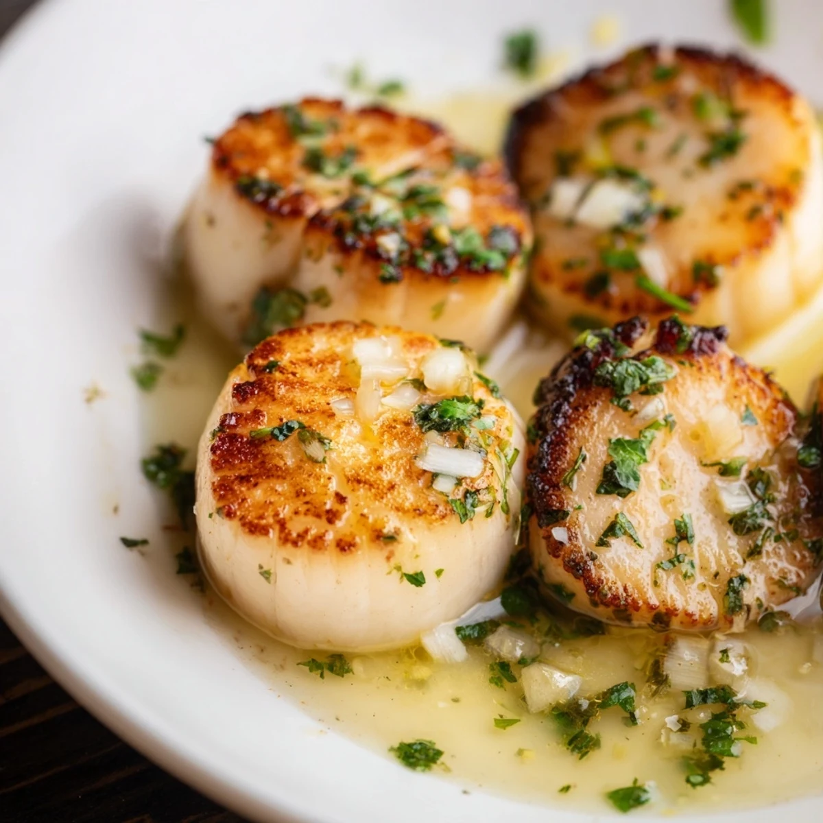 Sizzling Garlic Butter Scallops with Lemon Zest in a skillet with golden sear and bubbling butter sauce.
