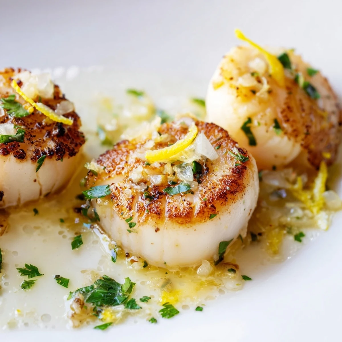 Garlic Butter Scallops with Lemon Zest served over creamy risotto with a side of crusty artisan bread.
