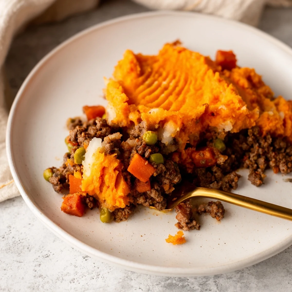 Savory ground beef and vegetables beneath creamy sweet potato mash in a casserole dish.