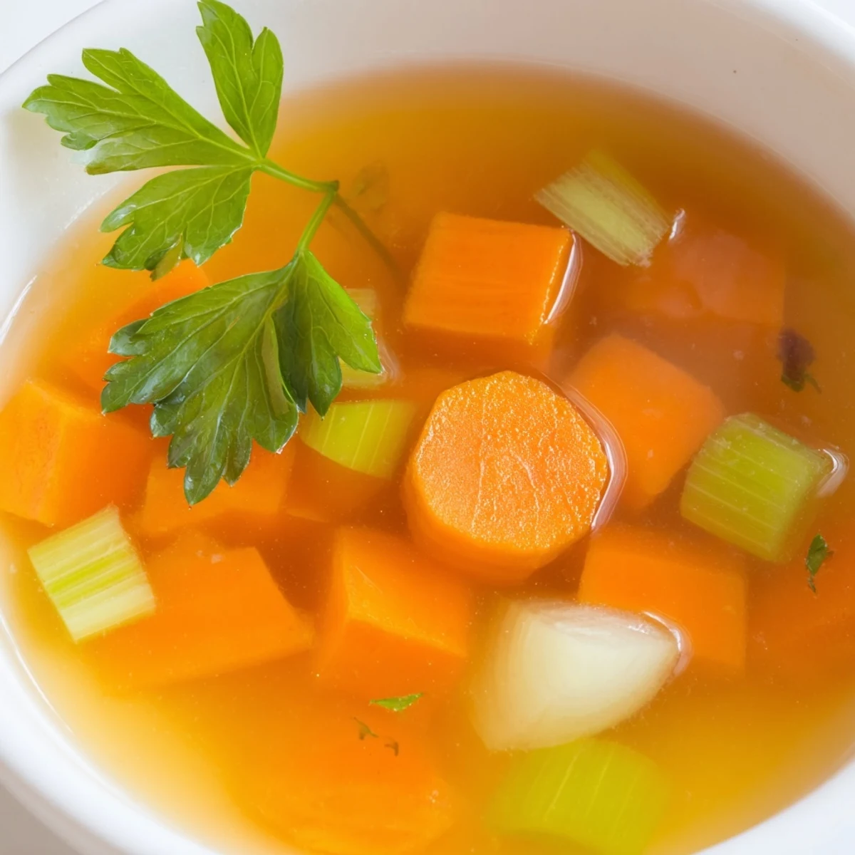 Clear glass jar filled with golden Homemade Vegetable Broth with Herbs, garnished with fresh parsley sprigs, served alongside crusty bread for dipping.