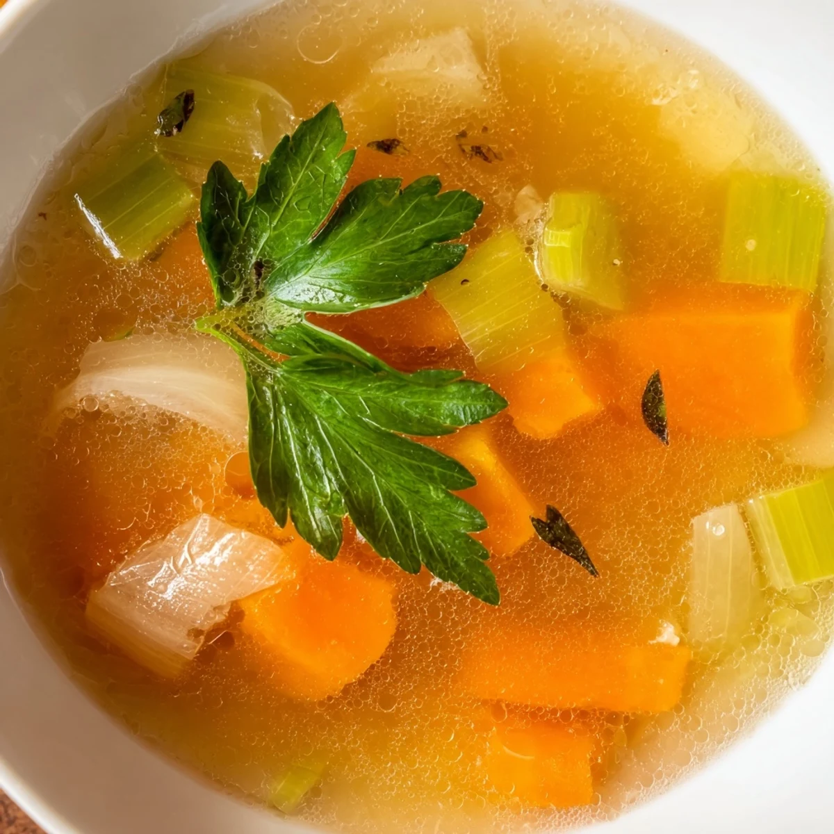 A steaming pot of Homemade Vegetable Broth with Herbs, featuring vibrant carrots, celery, onions, and bay leaves simmering gently.