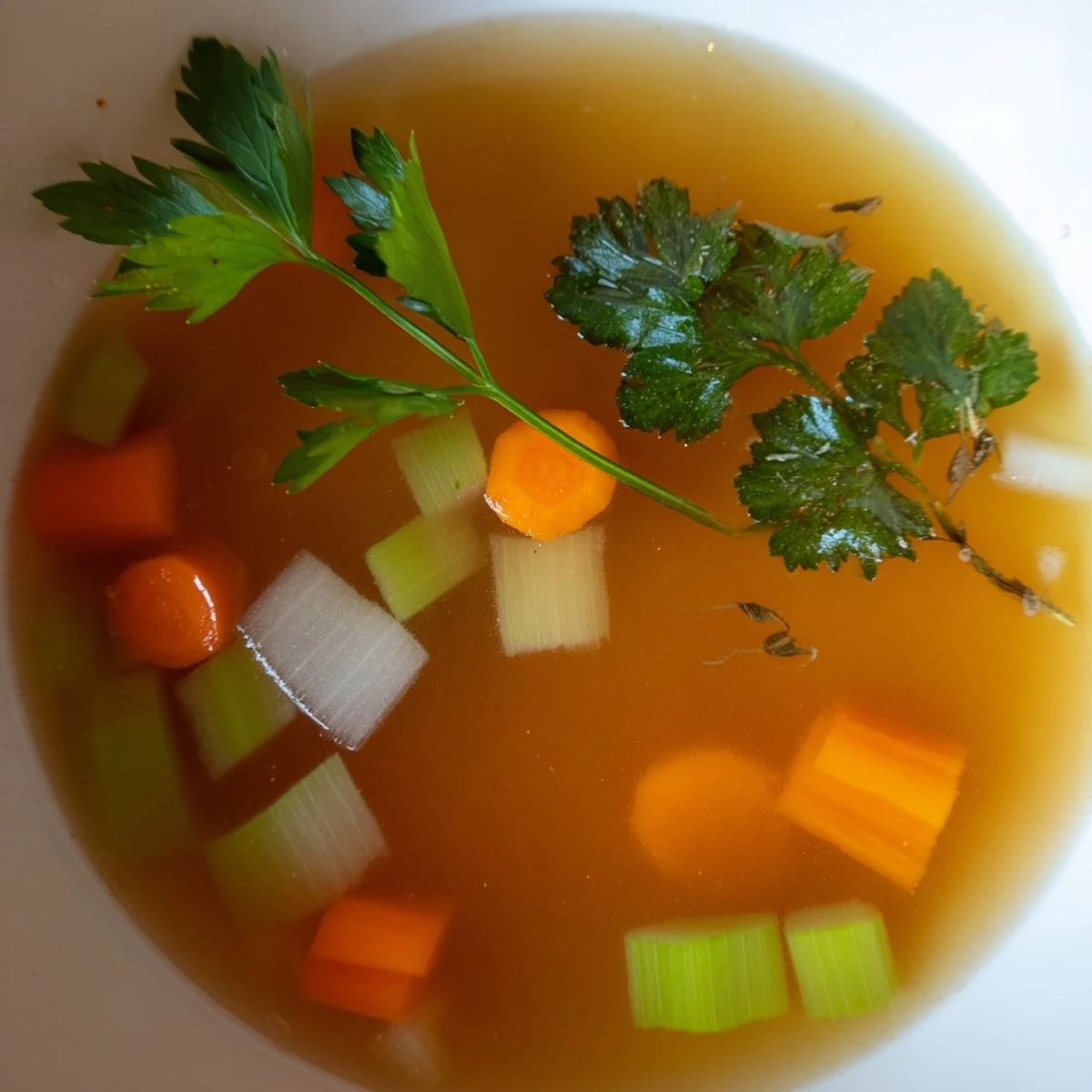 Close-up photo of freshly strained Homemade Vegetable Broth with Herbs, showing a rich, clear amber liquid perfect for making risotto.