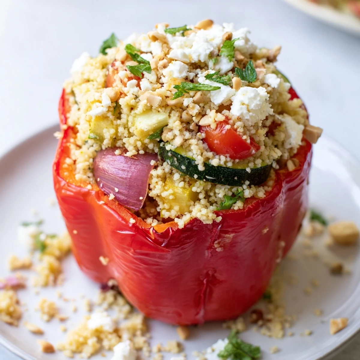 Golden-baked Mediterranean Stuffed Peppers with Couscous sit in a dish, garnished with fresh parsley and crumbled feta.
