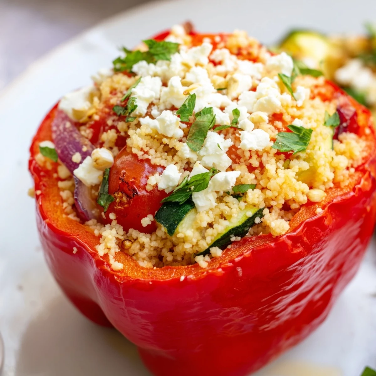 Bubbling Mediterranean Stuffed Peppers with Couscous, filled with zucchini and tomatoes, are lifted with a serving spoon.