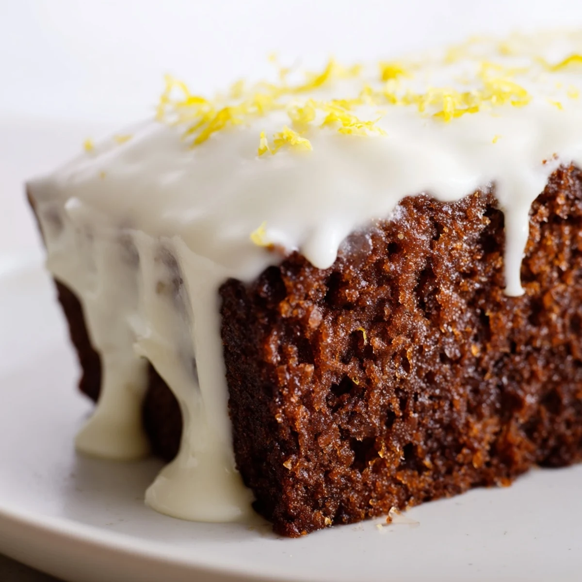 Overhead view of gingerbread loaf with lemon cream cheese glaze, garnished with lemon zest beside a glass of milk.