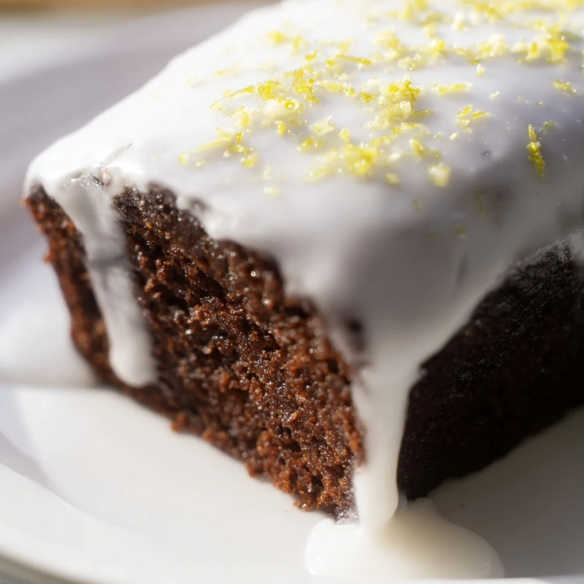 Sliced gingerbread loaf with lemon cream cheese glaze reveals a moist, spiced crumb on a white ceramic plate.