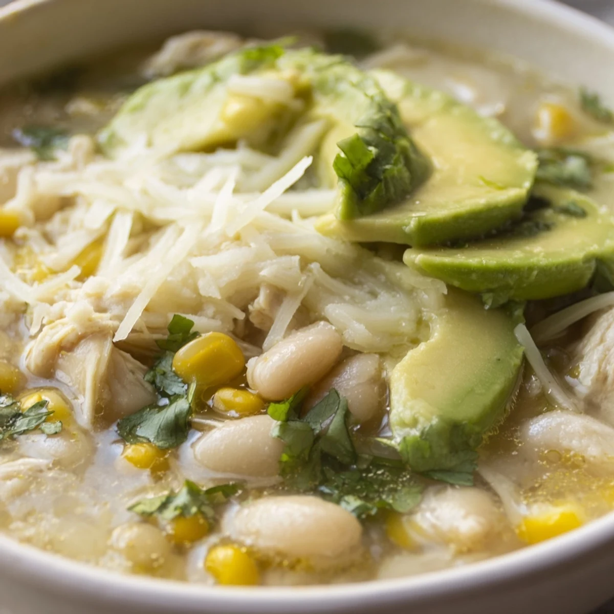 Hearty White Chicken Chili with Corn and Beans simmers in a pot, garnished with Monterey Jack cheese and lime wedges.