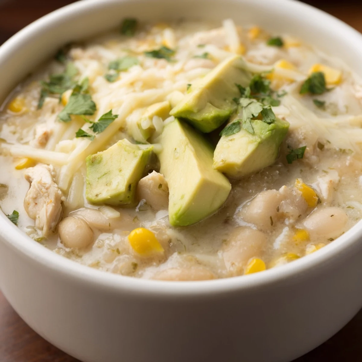 Creamy White Chicken Chili with Corn and Beans steaming in a bowl, topped with fresh cilantro and avocado slices.