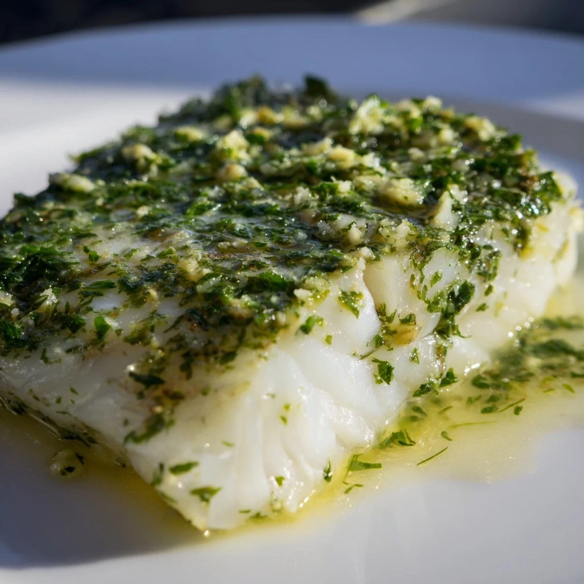 Fork-tender Baked Cod with Herb Butter flake easily beside bright lemon wedges and roasted potatoes on a white plate.