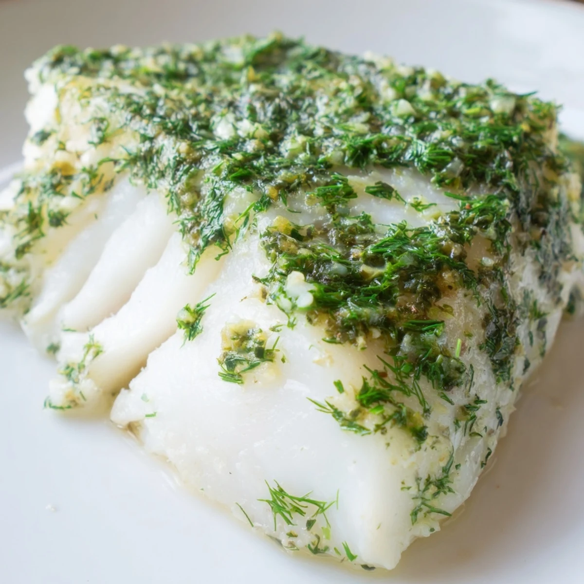 Golden Baked Cod with Herb Butter comes out of the oven glistening, topped with fresh parsley and dill.