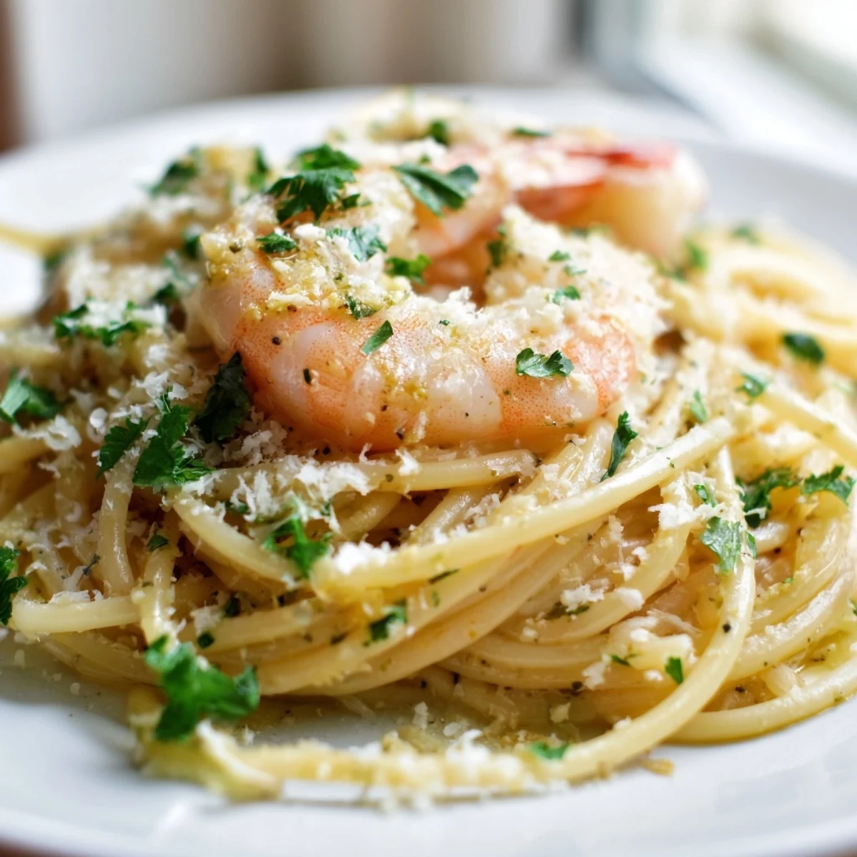 A close-up shows glistening garlic butter sauce coating strands of Lemon Shrimp Pasta with a sprinkle of red pepper flakes.