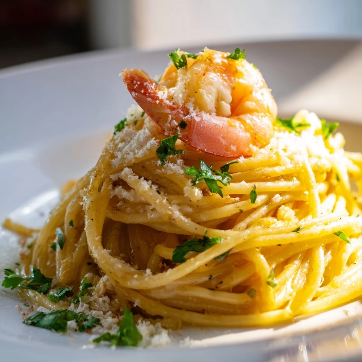 Bright yellow lemon wedges and fresh parsley garnish tender pink shrimp and al dente spaghetti in this Lemon Shrimp Pasta.