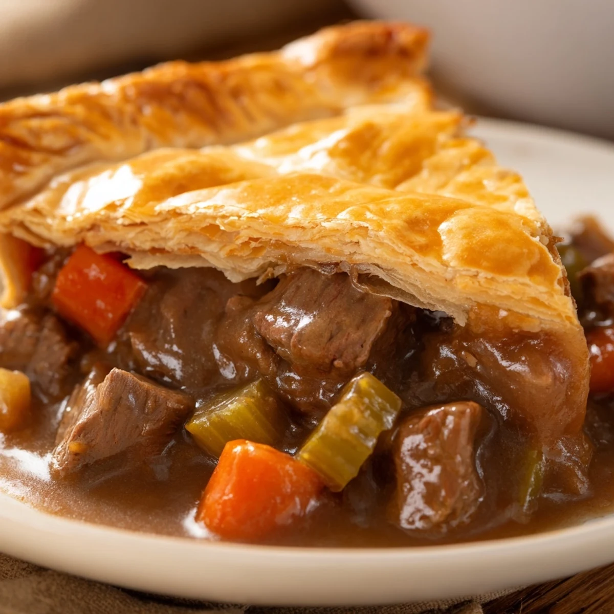 A slice of Beef Pie with Crust reveals tender beef, carrots, and rich, savory gravy inside.