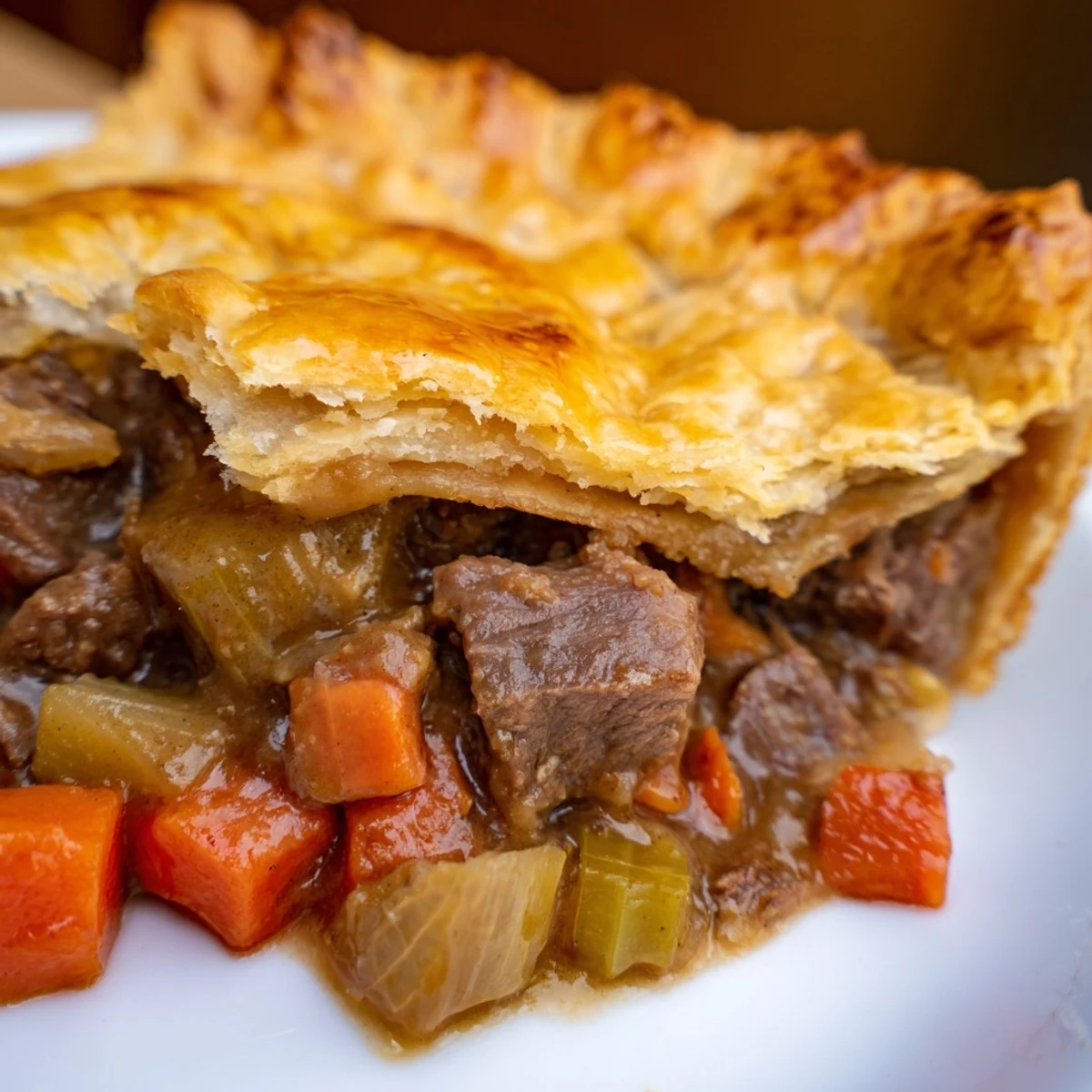 Golden-brown, flaky Beef Pie with Crust resting on a rustic wooden table, steam rising from the filling.