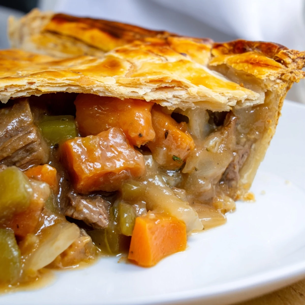 Freshly baked Beef Pie with Crust sits beside mashed potatoes and a glass of red wine.