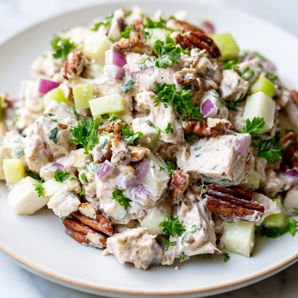 Freshly toasted pecans and crisp diced apples mix with tender chicken in creamy dressing, served on mixed greens for a quick lunch.