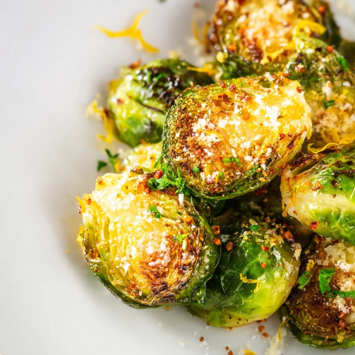 Golden roasted Brussels sprout halves with crispy edges and caramelized bits, served as a savory gluten-free side.