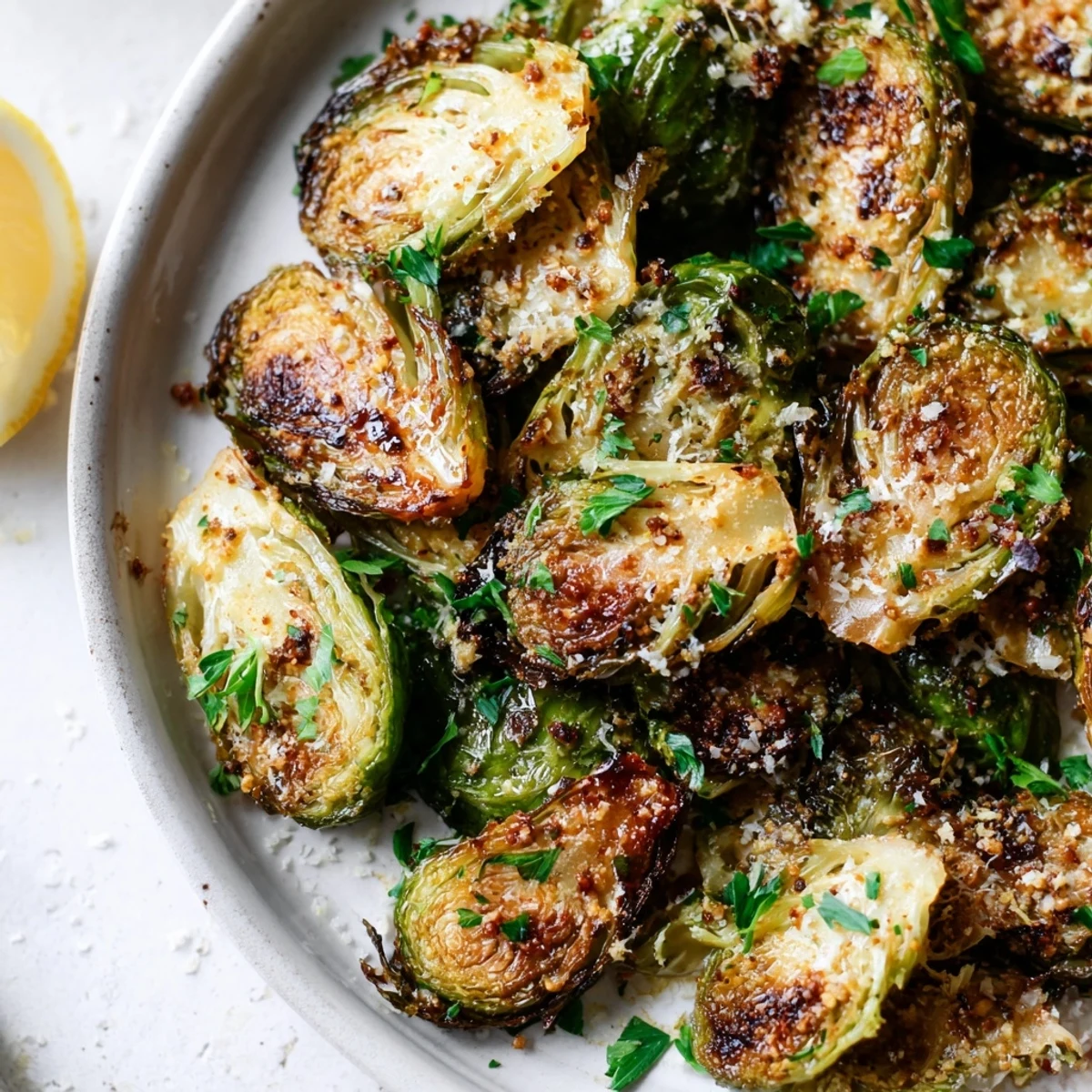 Roasted Sprout Halves glistening with olive oil and sea salt, plated beside roasted chicken for dinner.