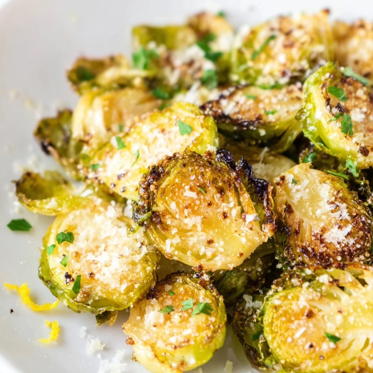 Close-up of tender Roasted Sprout Halves, lightly seasoned and garnished with fresh parsley and lemon zest.