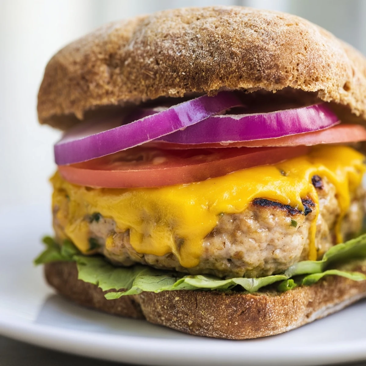 A grilled Turkey Cheese Burger with melted cheddar on a toasted whole-wheat bun, topped with fresh tomato and lettuce. 