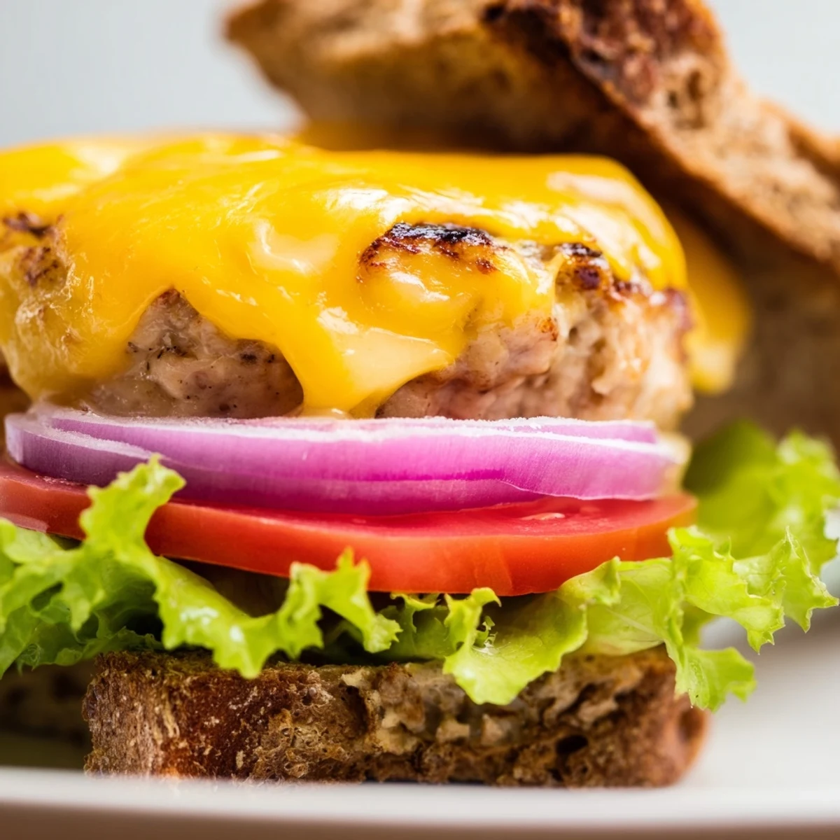 Golden-brown Turkey Cheese Burger with melted cheese, sliced tomatoes, and crisp lettuce served beside sweet potato fries on a wooden table.