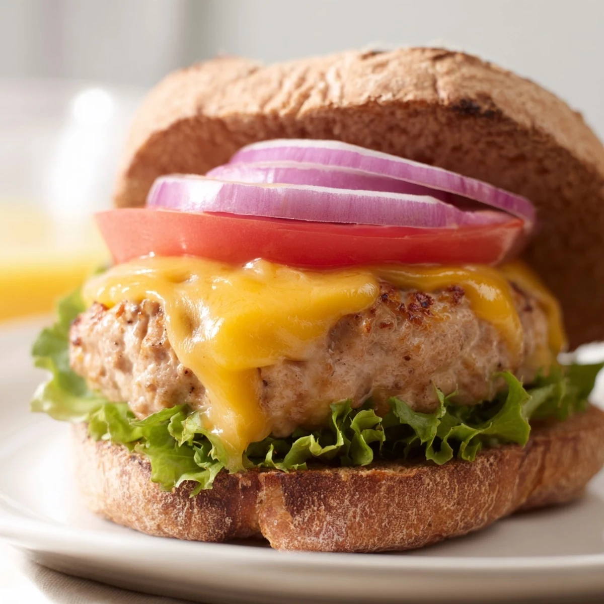 Freshly assembled Turkey Cheese Burger featuring a juicy turkey patty, melted cheddar, red onion slices, and tangy sauce on a soft bun. 