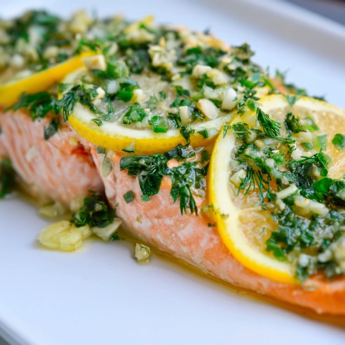 Flaky Baked Salmon with Lemon and Herbs served with roasted vegetables and fresh parsley garnish.