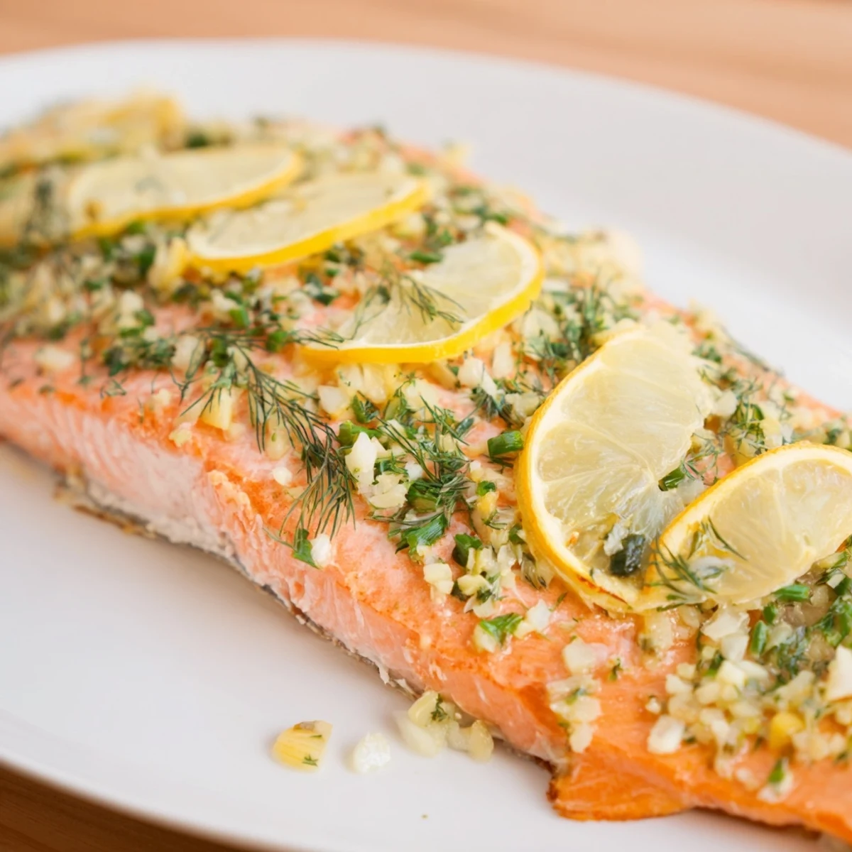 Moist and tender Baked Salmon with Lemon and Herbs topped with fresh dill and lemon slices.