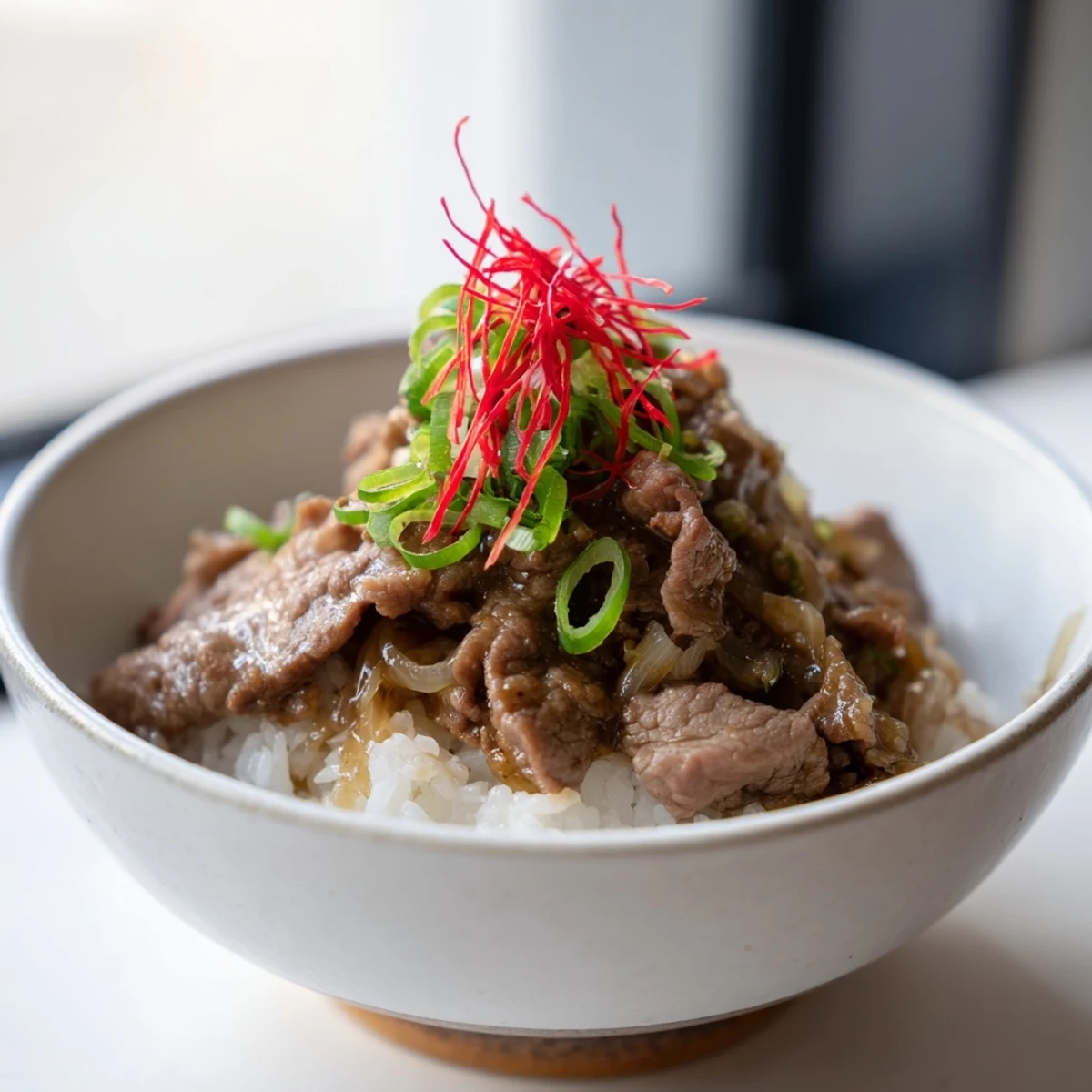 Serving suggestion for a cozy Beef Bowl with Rice, spooned into a rustic bowl with a side of pickled ginger and chopsticks.